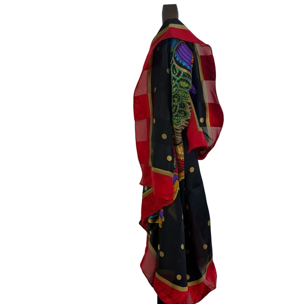 100% Silk Vintage Laurel Burch Cat Geometric Heart Colorful Scarf Hand Bag Hair